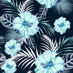 Seamless fashionable abstract graphical hand drawing blue hibiscus flowers and exotic leaves, print on dark background. Tropical summer, spring backdrop. © Iuliia