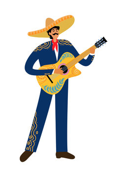 Isolated Flat cartoon of a mexican man playing guitar in sombrero on a white background, hand drawing doodles vector illustration