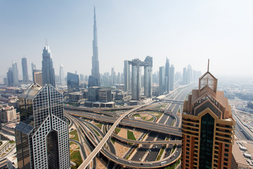 Fototapeta na wymiar Dubai skyline, aerial top view to downtown city center landmarks. Famous viewpoint, United Arab Emirates