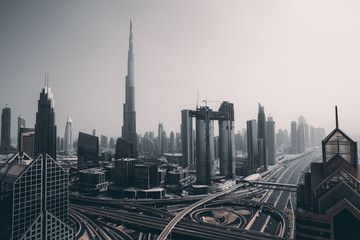 Naklejka na ściany i meble Dubai skyline, aerial top view to downtown city center landmarks. Famous viewpoint, United Arab Emirates