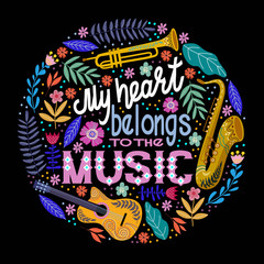Bright colorful Round concept, lettering with musical instruments and flowers. Hand drawing flat doodle vector illustration.