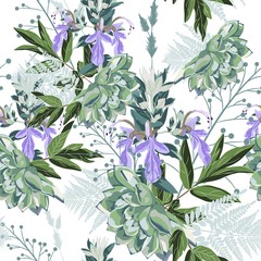 Beautiful seamless spring pattern with wild violet flowers, herbs and succulent. Wallpaper or print for textile. Drawing engraving. White background.