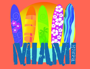 Miami lettering , Surfboard with different designs on beatiful beach backround Vector Illustration. Travel Postcard