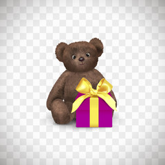 Sitting fluffy cute brown teddy bear with purple gift box with yellow bow. Children's toy isolated on transparent background. Realistic vector illustration