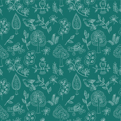 Seamless pattern with flowers, trees and birds