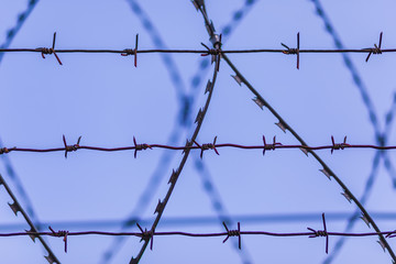 The barbed wire silhouette on the background of blue sky