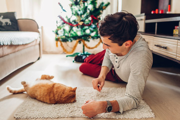 Young man lying by Christmas tree and playing with cat at home. New year concept
