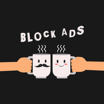 Conceptual hand writing showing Block Ads. Business photo showcasing program that will remove different kinds of advertising from Web Hu analysis hand Holding Male Female His and Hers Mugs icon