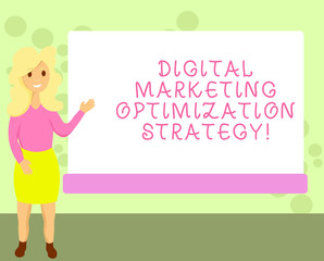 Conceptual hand writing showing Digital Marketing Optimization Strategy. Business photo showcasing Social media advertising SEO Female Hu analysis Presenting Rectangular Blank Whiteboard