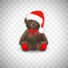 Sitting fluffy cute brown teddy bear with christmas santa claus hat a red bow. Children's toy isolated on transparent background. Realistic vector illustration