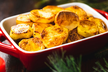 Baked vegetables on a wooden table