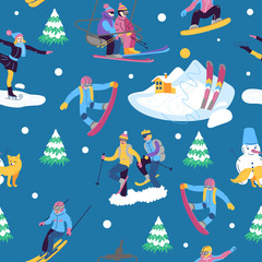 Beautiful vector seamless pattern with ski, snowboarding, snowsh