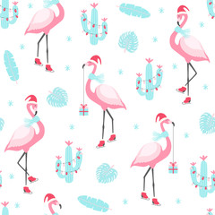 Christmas pattern with cute flamingo on skates. © 210484kate