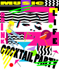 Pop art background for cocktail party with a girl drinking alcholol