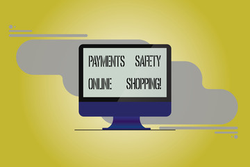 Conceptual hand writing showing Payments Safety Online Shopping. Business photo showcasing Ecommerce security payment protection Mounted Computer Monitor Blank Screen on Abstract Background