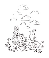 Coloring book with fairy house and flowers. Black and white vector illustration.