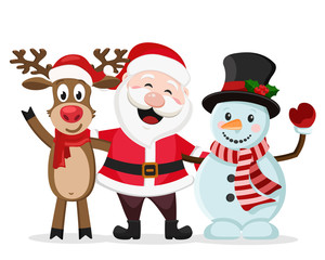 Santa Claus, snowman and deer stand in an embrace and smile on a white background.