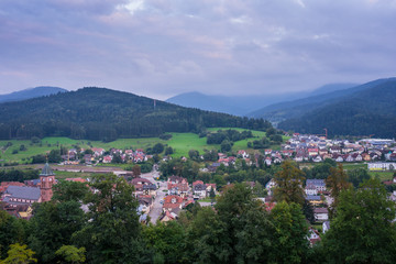 Fototapeta na wymiar Germany, Evening mood over little black forest village Elzach in elz valley