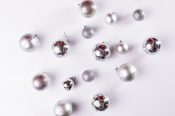Christmas baubles decoration pattern on white background. Christmas and New Year concept.