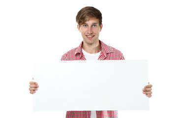 Beautiful young man holding blank board on white background
