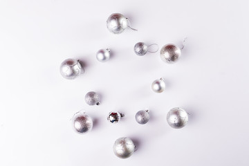 Christmas baubles decoration pattern on white background. Christmas and New Year concept.