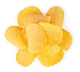 Bunch of potato chips on a white. The view from the top.