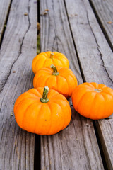 Four small pumpkins on a wooden picnic table