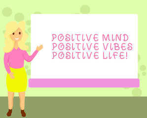 Conceptual hand writing showing Positive Mind Positive Vibes Positive Life. Business photo showcasing Motivation inspiration to live Female Hu analysis Presenting Rectangular Blank Whiteboard