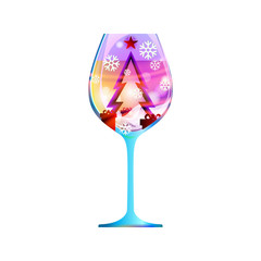 Glass New Year with Abstract modern purple Christmas tree and ornaments from flicker snowflakes. For lilac color vector illustration for design and decorating. Merry Xmas violet illustration