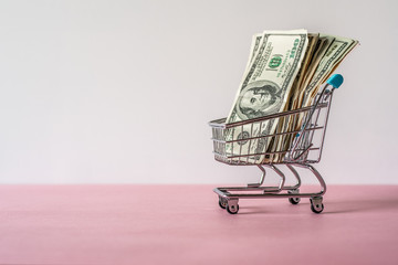Miniature shopping cart full of dollar bills in a white background