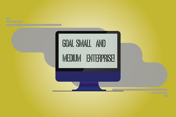 Conceptual hand writing showing Goal Small And Medium Enterprise. Business photo showcasing SME growth of startups new business Mounted Computer Monitor Blank Screen on Abstract Background