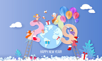 2019 Happy New Year design card with kids