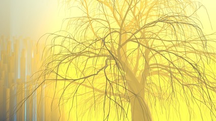 Lonely tree without leaves in fog or mist lit by bright orange sun god rays . 3d illustration. Travel and camping concept
