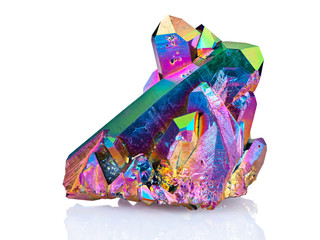 An extreme sharp image of the Titanium rainbow aura quartz crystal cluster stone taken with the macro lens. The image is stacked from more photos into one very sharp image.