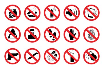 Prohibition Signs. Set red icons. Vector