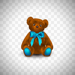 Sitting fluffy cute red brown or rufous teddy bear with bright blue ribbon or bow. Children's toy isolated on transparent background. Realistic vector illustration