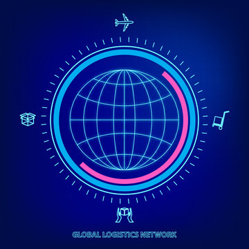 Global logistics network. Map global logistics partnership connection. Globe and logistics icons in neon style.  Flat design. Vector illustration  EPS10.