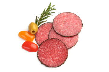 Sliced Salami with herbs, isolated on a white background. Top view