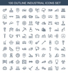 industrial icons. Set of 100 outline industrial icons included excavator, pipe, factory, gear on white background. Editable industrial icons for web, mobile and infographics.