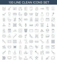 clean icons. Set of 100 line clean icons included sponge, toilet brush, cream tube, ironing table on white background. Editable clean icons for web, mobile and infographics.