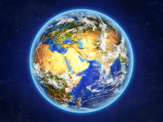 Qatar from space. Planet Earth with country borders and extremely high detail of planet surface and clouds.