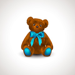 Sitting fluffy cute red brown or rufous teddy bear toy with bright blue ribbon or bow. Children's toy isolated on white background. Icon or object for design. Realistic vector illustration
