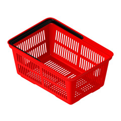 Пластиковая красная пустая корзина покупателя в изометрической проекции. Изолированная векторная иллюстрация на белом фоне.