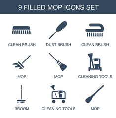 mop icons. Set of 9 filled mop icons included clean brush, dust brush, cleaning tools, broom on white background. Editable mop icons for web, mobile and infographics.