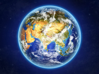 Nepal from space. Planet Earth with country borders and extremely high detail of planet surface and clouds.