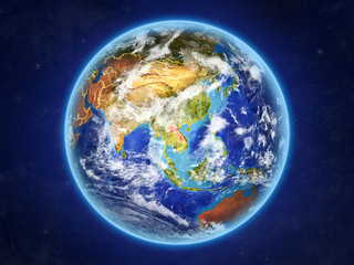 Laos from space. Planet Earth with country borders and extremely high detail of planet surface and clouds.