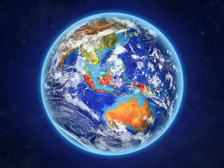 Indonesia from space. Planet Earth with country borders and extremely high detail of planet surface and clouds.