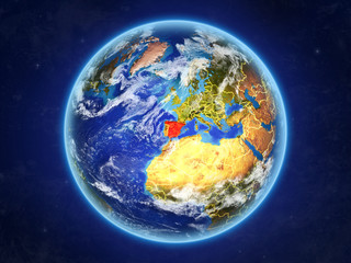 Fototapeta premium Spain from space. Planet Earth with country borders and extremely high detail of planet surface and clouds.