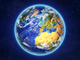 Portugal from space. Planet Earth with country borders and extremely high detail of planet surface and clouds.