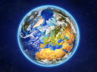 Denmark from space. Planet Earth with country borders and extremely high detail of planet surface and clouds.